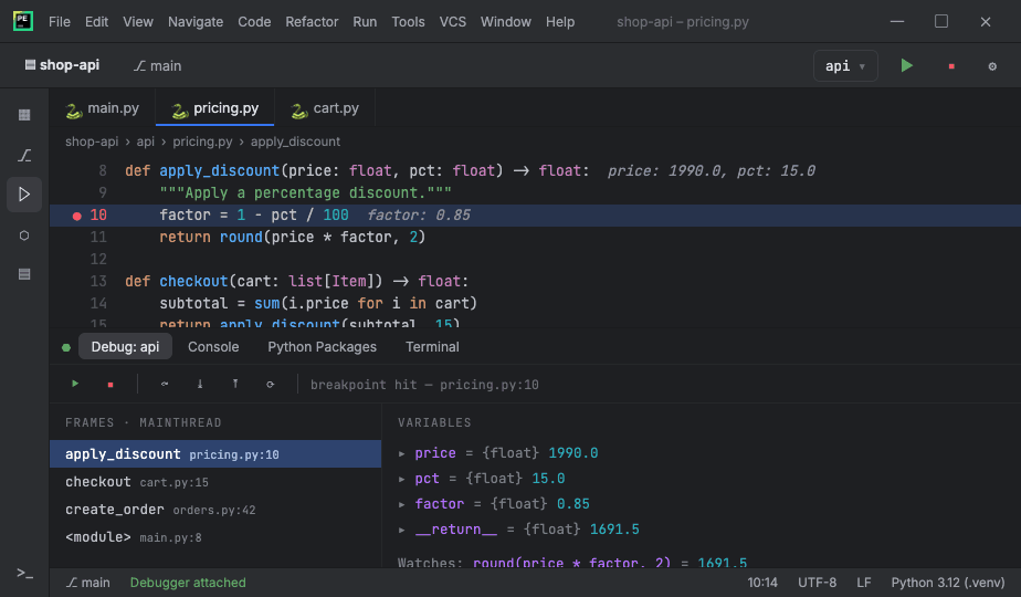 Визуальный отладчик PyCharm